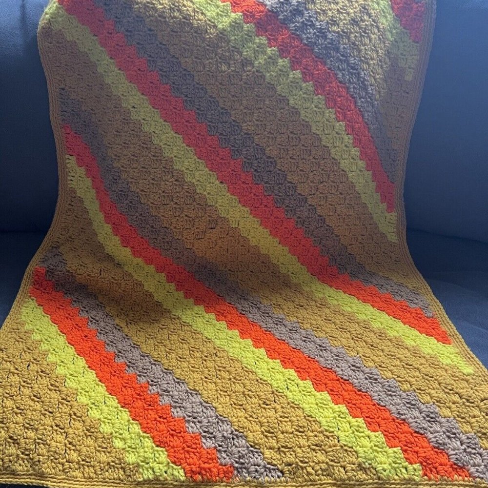 Vintage Crochet Afghan Blanket Orange Gold Brown Cottagecore Retro Handmade